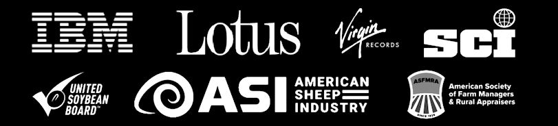 Client logos: IBM, Lotus, Virgin Records, SCI, United Soybean Board, American Sheep Industry, and American Society of Farm Managers & Rural Appraisers